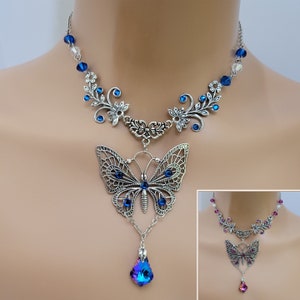 Vintage Floral Butterfly Pendant Necklace: Swarovski Crystal Insect Jewelry
