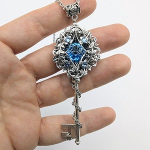 Elven Aquamarine Bridal Key Necklace – Sterling Silver Floral Fantasy made with Swarovski crystals