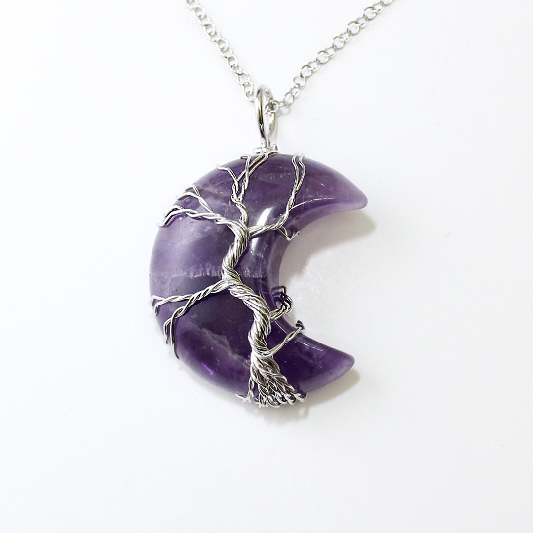 Amethyst Crescent Moon Necklace: Tree of Life Wire Wrapped Pendant - Etsy