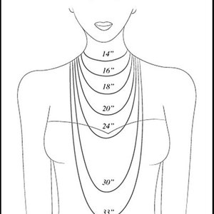 May include: A line drawing of a person wearing necklaces of different lengths, showing how they would look on a person. The lengths are labeled in inches: 14", 16", 18", 20", 24", 30", and 33".