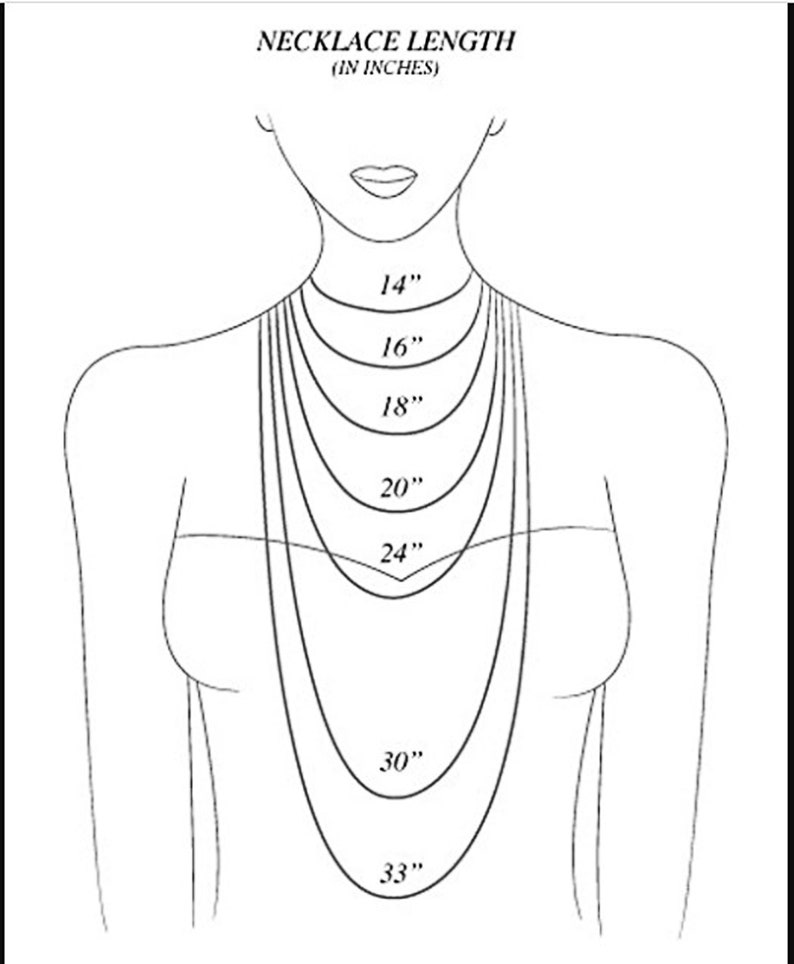 May include: A line drawing of a person wearing necklaces of different lengths, showing how they would look on a person. The lengths are labeled in inches: 14", 16", 18", 20", 24", 30", and 33".