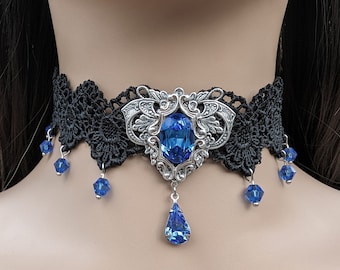 Colar gargantilha vintage de safira com cristais Swarovski, joia gótica, joia vitoriana.