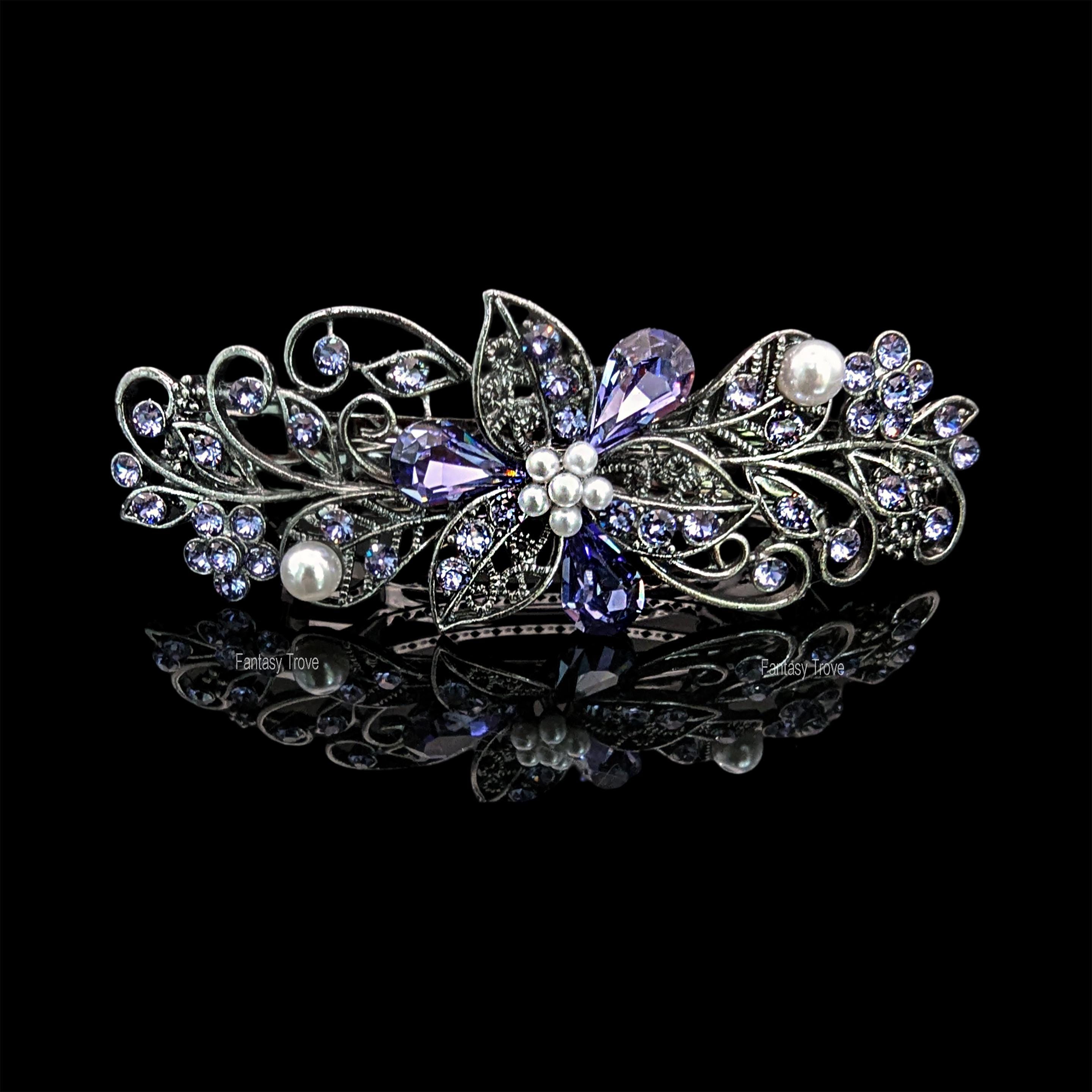 Large Floral Hair Barrette with CZ Crystals for Thick Hair Minimalist CZ White Pearl Hair Clips with Champagne Brown  main image 4