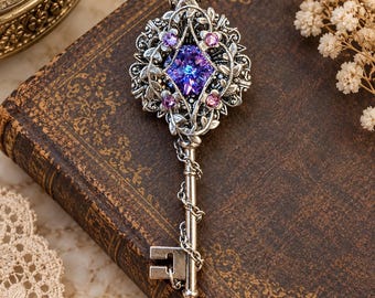 Collar con llave Vitrail Light Swarovski, joyería de fantasía élfica de plata Fairycore