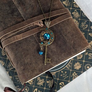 Celestial Moon Key Necklace – Fantasy Fairycore Jewelry with Blue Crystals