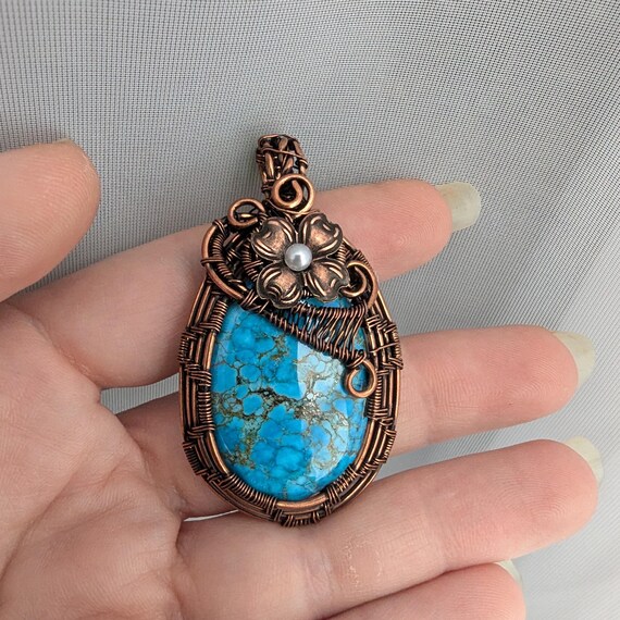Natural Turquoise Copper Wire Wrapped Stone Pendant Necklace With