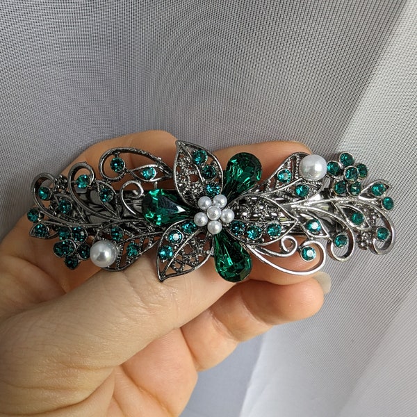 High Quality Elven Floral Hair Barrette made with Emerald Green Swarovski crystals, Bridal Hair Jewelry, Vintage Hair Clip