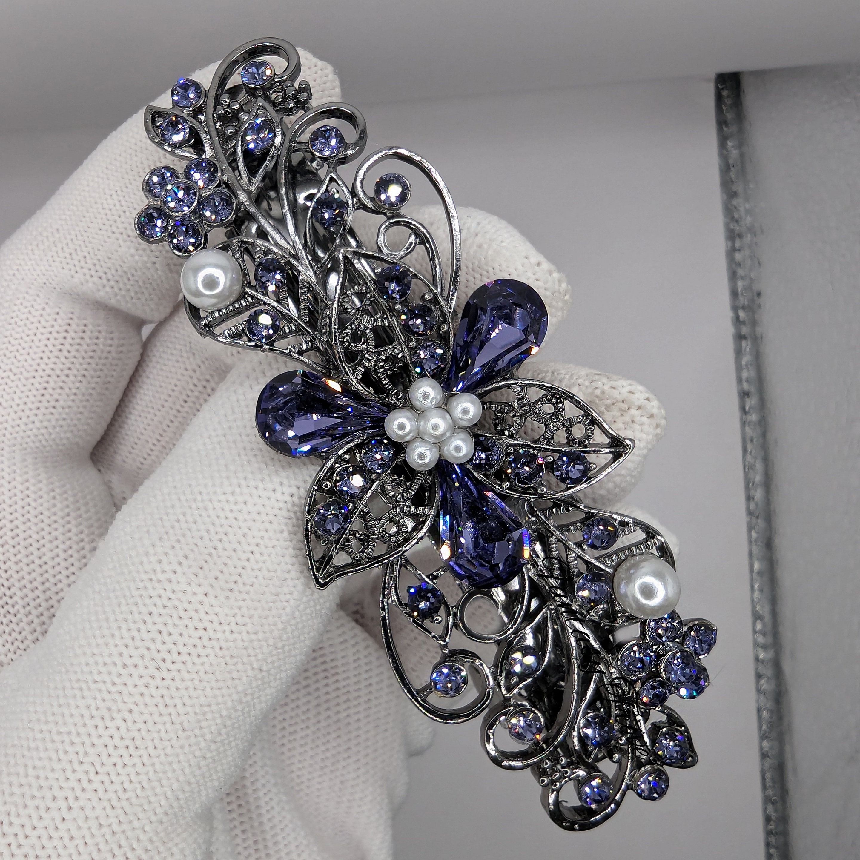 Vintage Inspired Silver Tone Crystal Floral Hair Clip Long Thick Hair Petite Crystal Bridal Hair Clip of Brushed Metal Flowers  main image 3