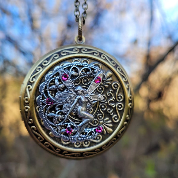 Victorian Brass Locket Necklace with Silver Fairy on Half Moon and Swarovski Crystals, Fantasy Jewelry, Fairy Necklace