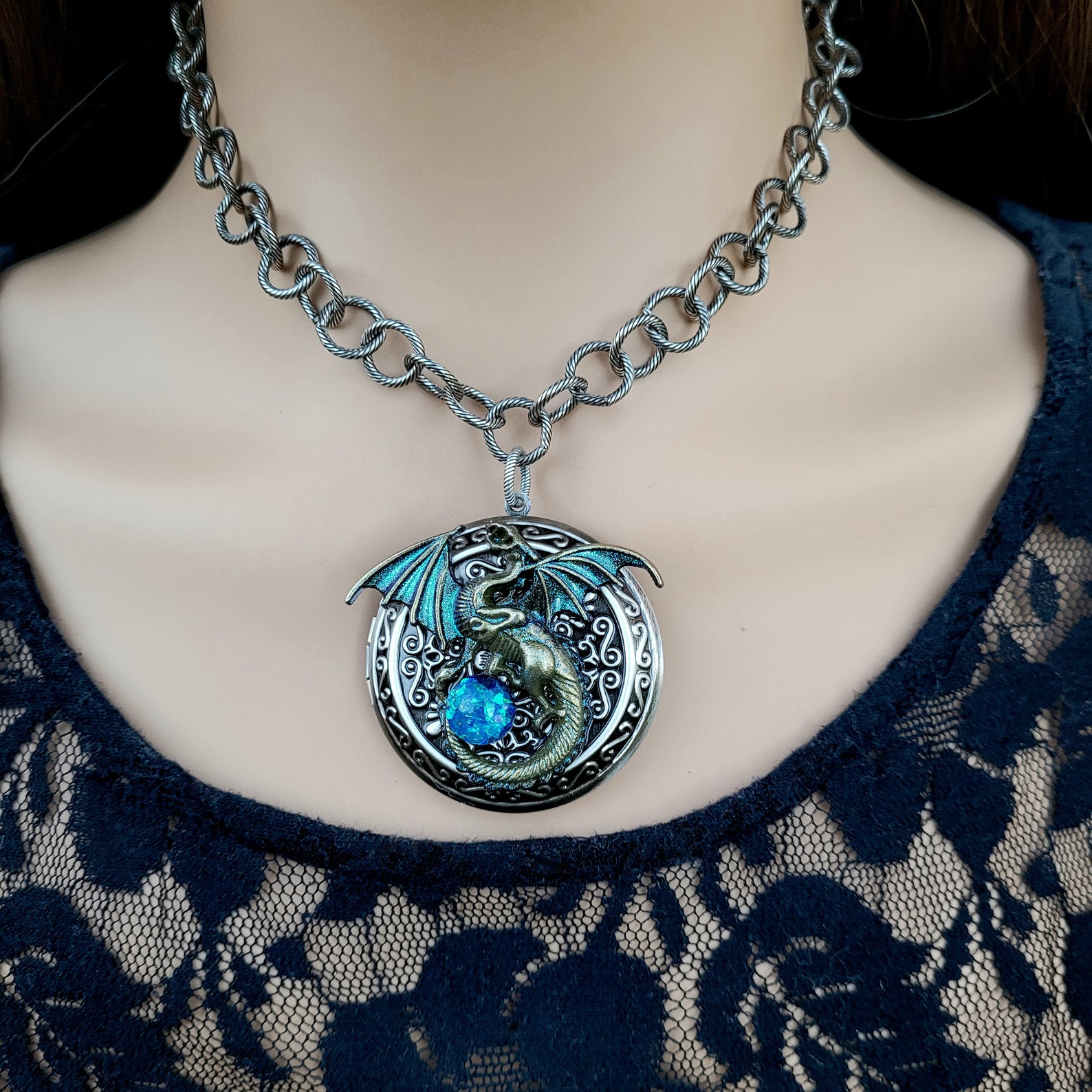Large Bronze Dragon Locket Necklace With Black Opal Replica Etsy