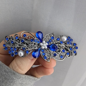 Vintage Elven Hair Barrette: Majestic Blue Swarovski Crystal Floral Jewelry