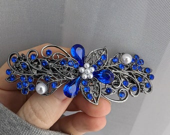 Cobalt Blue Swarovski Crystal Barrette for Thick Hair, Elven Floral Bridal Hair Clip