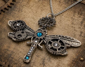Steampunk Dragonfly Necklace, Mixed Metal Swarovski Crystal Pearl Jewelry