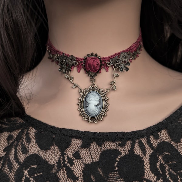 Victorian Red Rose Cameo Choker Necklace