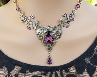 Vintage Amethyst Swarovski Crystal Necklace: Floral Elven Jewelry