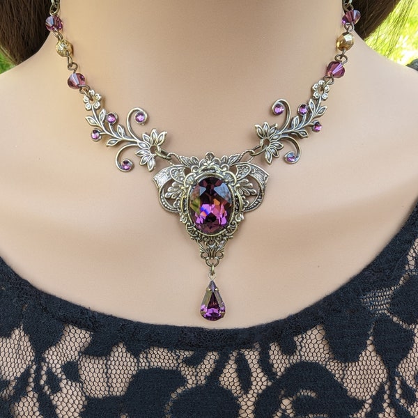 Vintage Amethyst Floral Elven Necklace made with Swarovski Crystals, Formal Jewelry, Elven Jewelry, Dark Fantasy Necklace