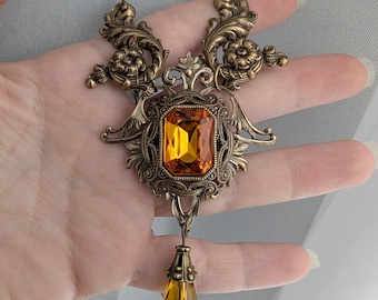 Baroque Vintage Brass Necklace with Orange Topaz Swarovski Crystal Stone, Gothic Statement Jewelry