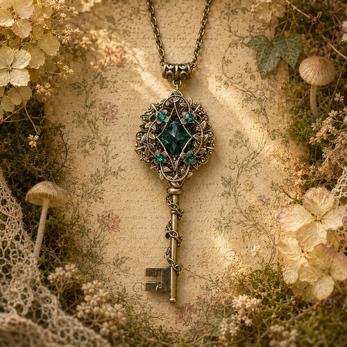 Collier clé en cristal de Swarovski émeraude – Bijoux fantaisie elfiques Fairycore