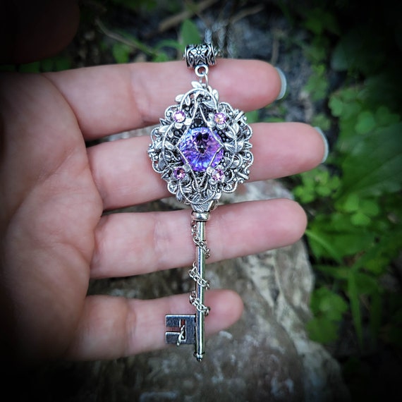 Sterling Silver Elvish Key Necklace Made With Swarovski Crystals