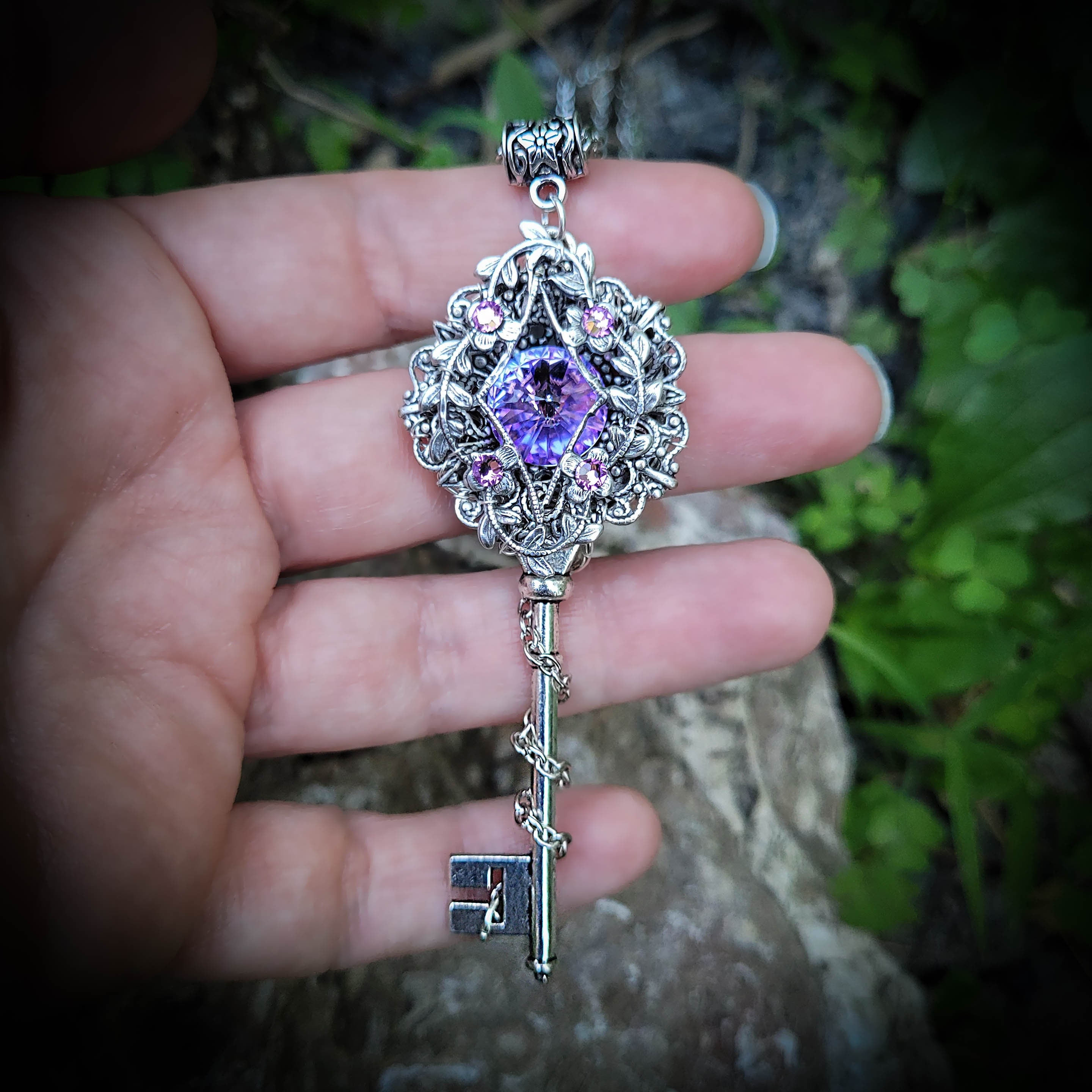 Sterling Silver Elvish Key Necklace Made With Swarovski 