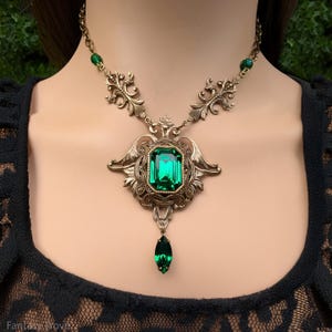 Victorian Emerald Crystal Bridal Necklace & optional earrings– Antique Brass Filigree Statement Jewelry