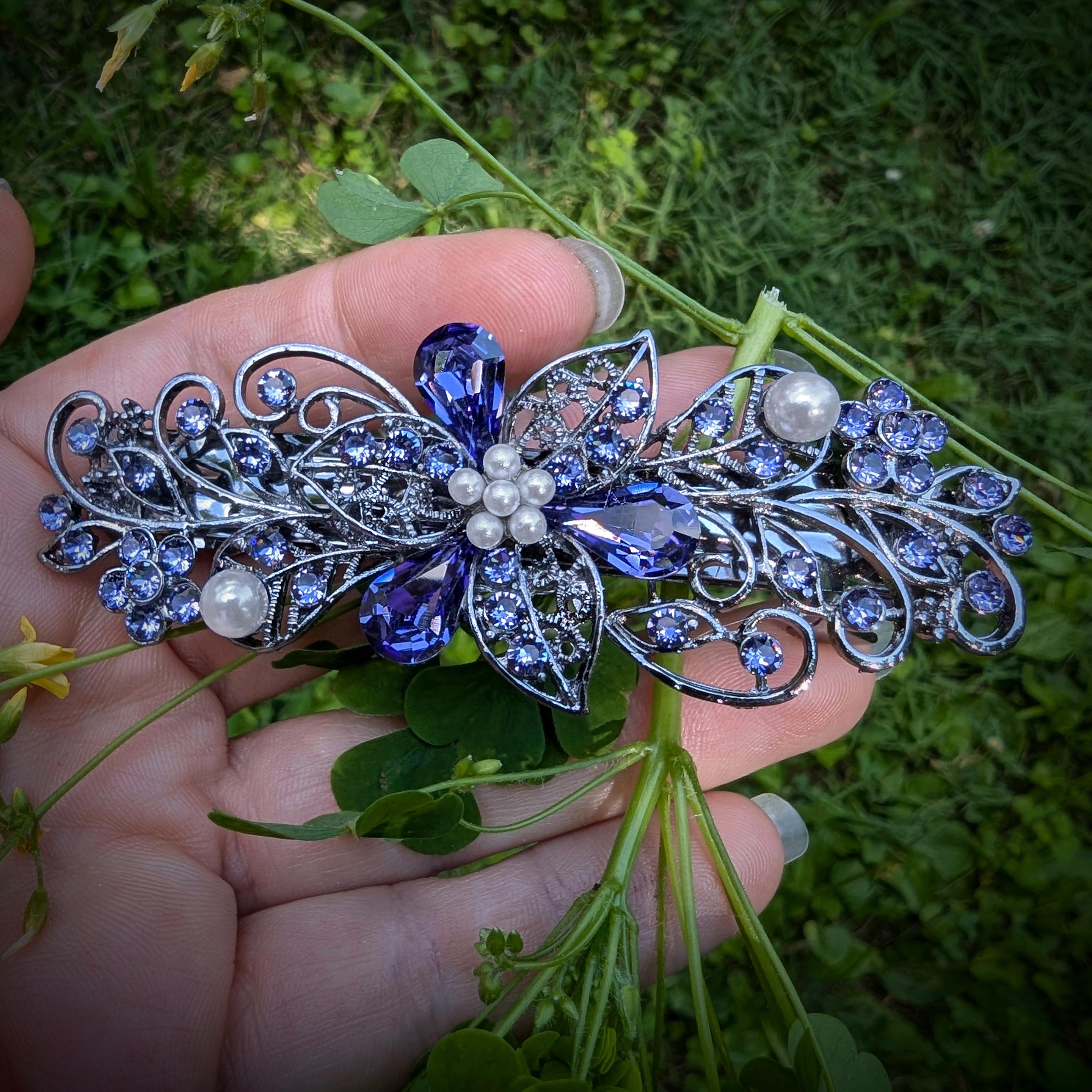 Baby Blue/dark blue Swarovski crystal hair fork High Quality Swarovski Cobalt Blue Floral Crystal Hair Clips  main image 2