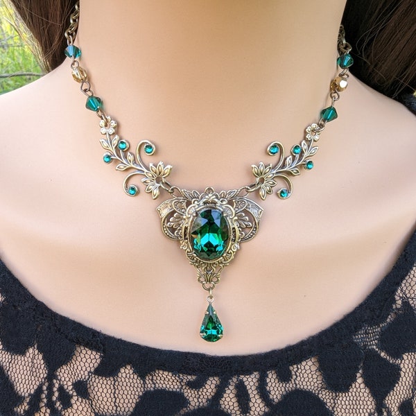 Vintage Floral Necklace and optional Earrings made with Emerald Swarovski Crystals, Elven Jewelry, Fantasy Jewelry