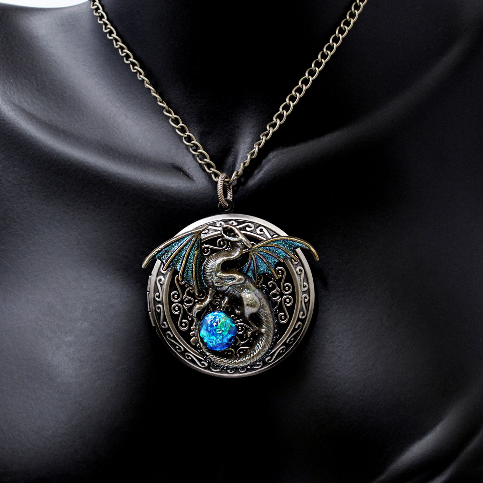 Large Bronze Dragon Locket Necklace With Black Opal Replica Etsy
