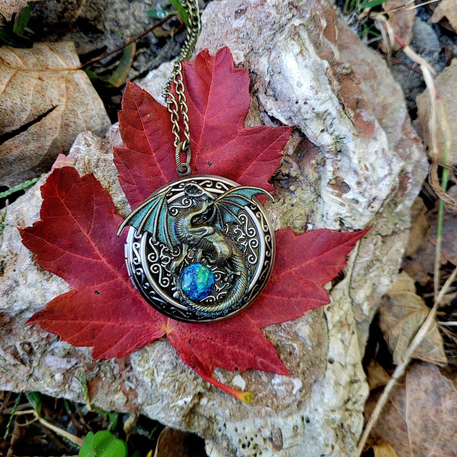 Large Bronze Dragon Locket Necklace With Black Opal Replica Etsy