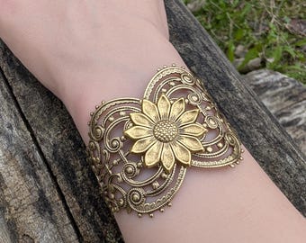 Vintage Sunflower Filigree Bracelet, 24K Gold Plated Brass, Statement Boho Floral Cuff