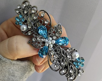 Vintage Elven Hair Barrette: Aquamarine Swarovski Crystal Floral Clip