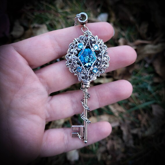 Sterling Silver Aquamarine Elvish Key Necklace Made With 