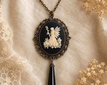 Fairy Cameo Necklace, Black Onyx Vintage Pendant, Fantasy Jewelry