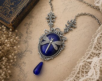 Dragonfly Statement Necklace: Sterling Silver Plated, Blue Cat's Eye Cabochon
