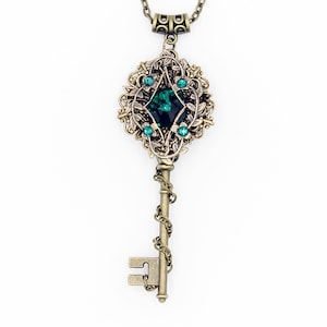 Vintage Floral Elven Fantasy Key Necklace made with Emerald Swarovski Crystals, Magical Jewelry, Fantasy Jewelry