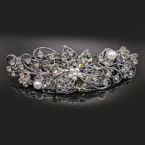 Vintage Elven Hair Barrette for Thick Hair: Black Diamond Swarovski Crystal Floral Clip