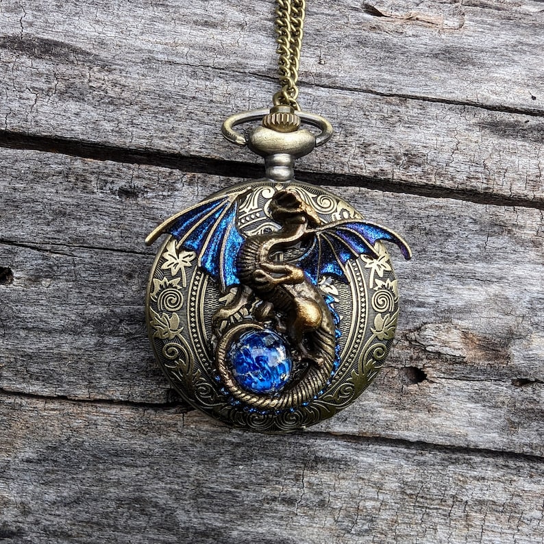 Large gothic fantasy dragon pocket watch necklace with blue opal replica.  Dragon jewelry gift.
