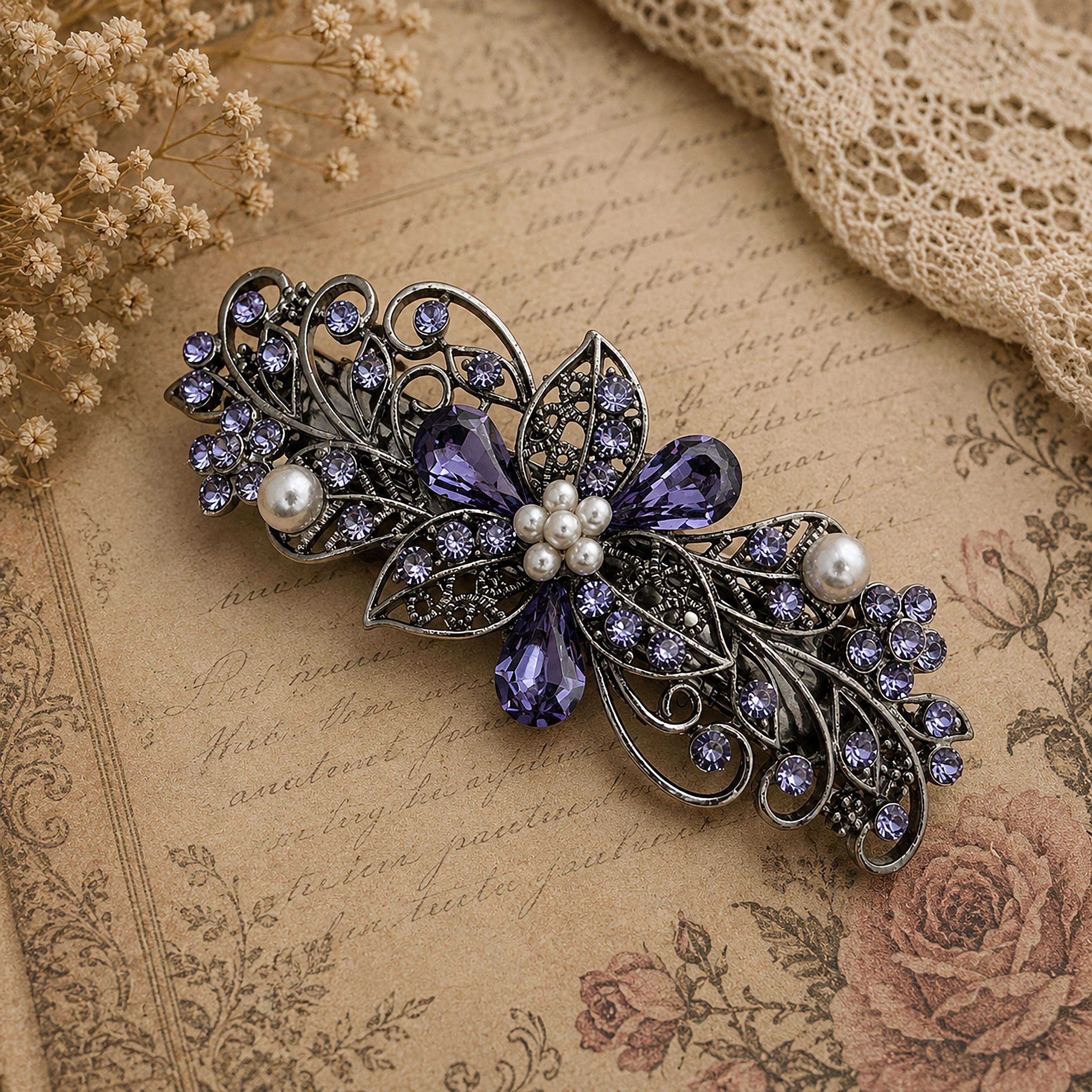 Vintage Tanzanite Swarovski Crystal Floral Barrette for Thick Hair