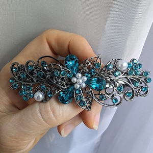 High Quality Vintage Elven Floral Hair Barrette made with vintage Teal colored (Blue Zircon) Swarovski crystals, Wedding Hair Jewelry