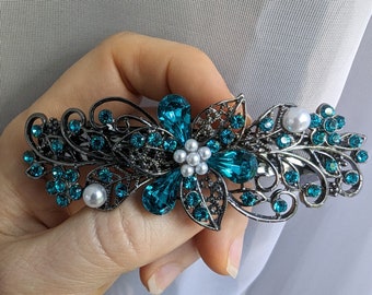 Vintage Elven Hair Barrette: Teal Swarovski Crystals, Wedding Jewelry