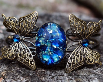 Blue Sea Glass Opal Butterfly Cuff Bracelet made with Sapphire Swarovski crystals