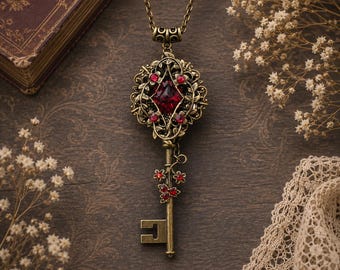 Fantasy Floral Key Necklace with Red Swarovski Crystal – Fairycore Jewelry