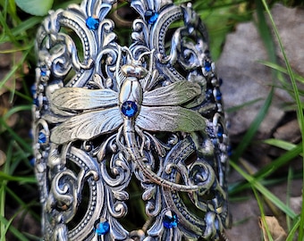 Sterling Silver Plated Dragonfly Cuff Bracelet with Sapphire Swarovski Crystals