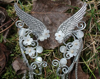 Silver Elf Ear Cuffs with drop tassels, Fantasy Jewelry, Wrap earrings, Elven Jewelry
