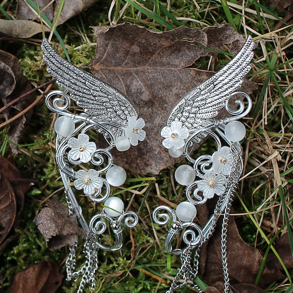 Silver Elf Ear Cuffs with drop tassels, Fantasy Jewelry, Wrap earrings, Elven Jewelry