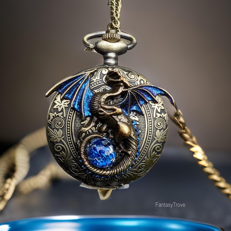 Large gothic fantasy dragon pocket watch necklace with blue opal replica.  Dragon jewelry gift.