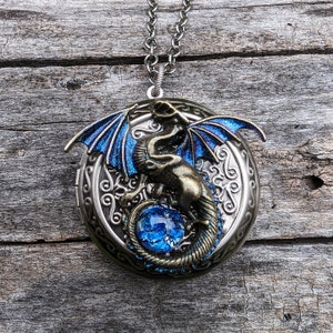 Unique Large Bronze Dragon Locket Necklace with blue opal, Fantasy jewelry, Gothic jewelry, Dragon Lover Gift
