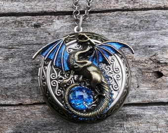 Unique Large Bronze Dragon Locket Necklace with blue opal, Fantasy jewelry, Gothic jewelry, Dragon Lover Gift