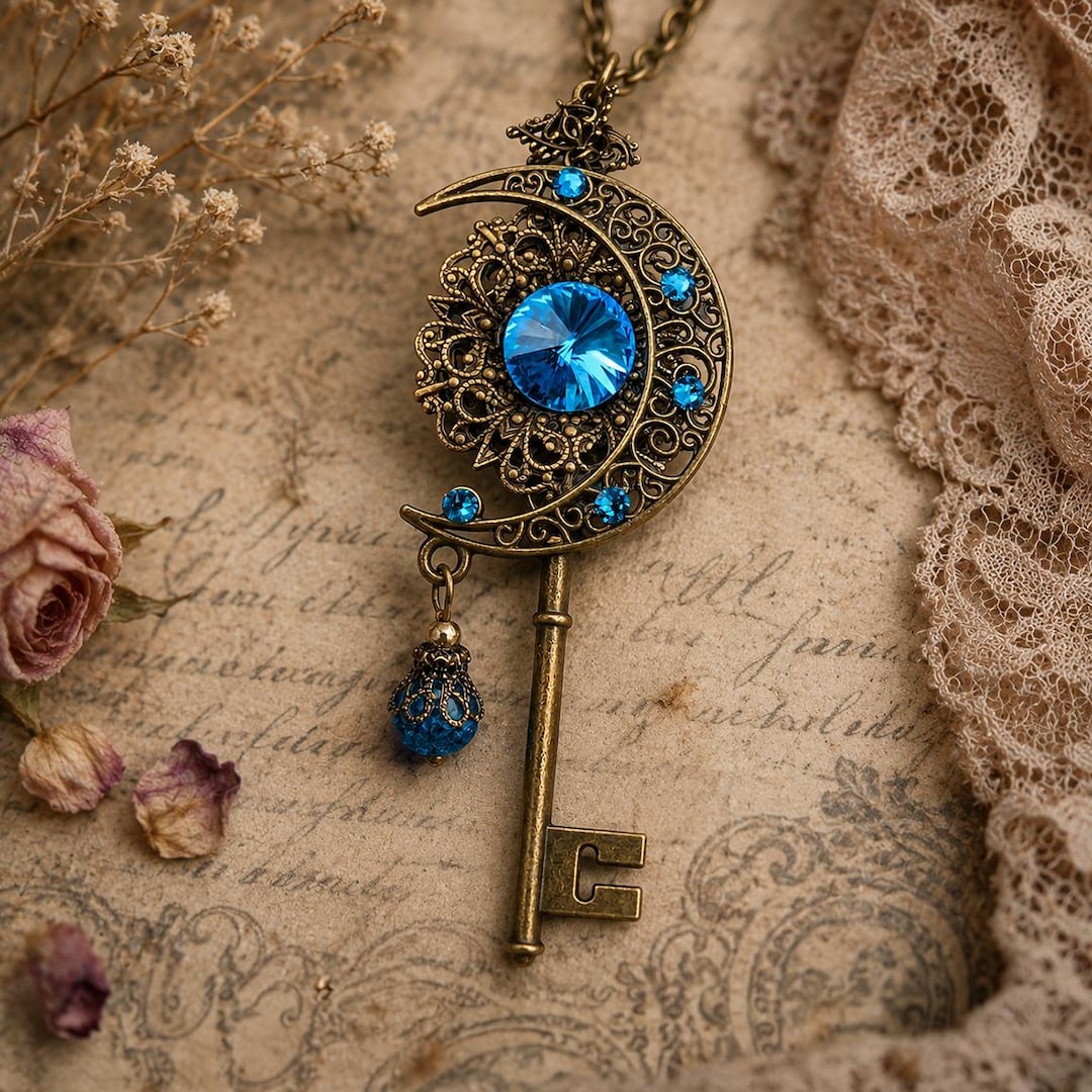 Celestial Moon Key Necklace – Fantasy Fairycore Jewelry With Blue