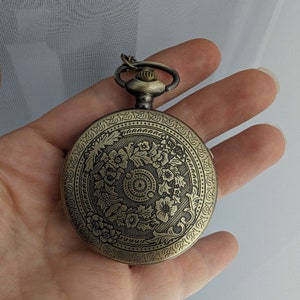 Large gothic fantasy dragon pocket watch necklace with blue opal replica.  Dragon jewelry gift.
